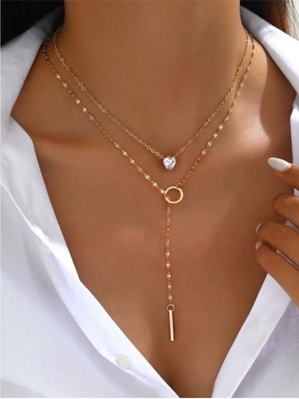 Delicate 24k Gold Plated Layered Heart & Drop Necklace new